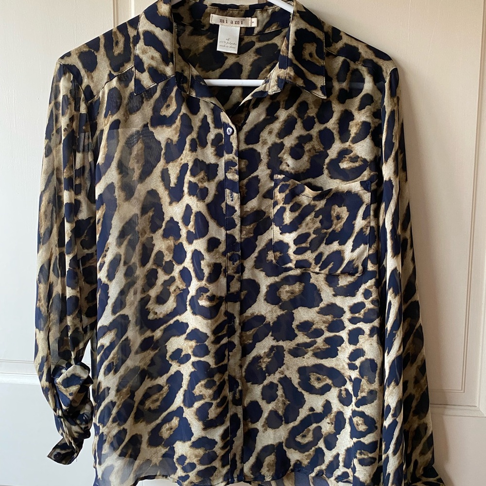 Sheer leopard print button up blouse